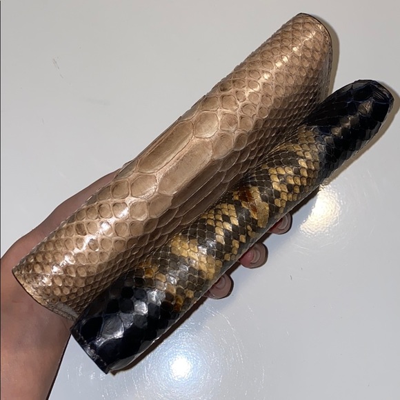 Malini Murjani Python Leather Black Beige Foldover Continental Wallet - Picture 11 of 17